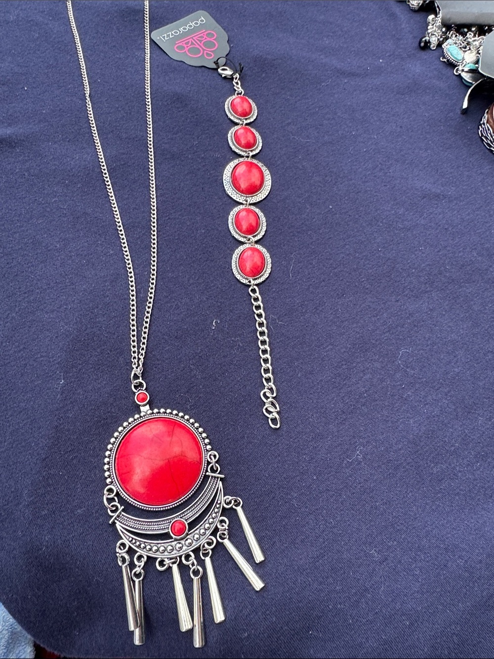 Red Statement Pendant Necklace & Bracelet Set